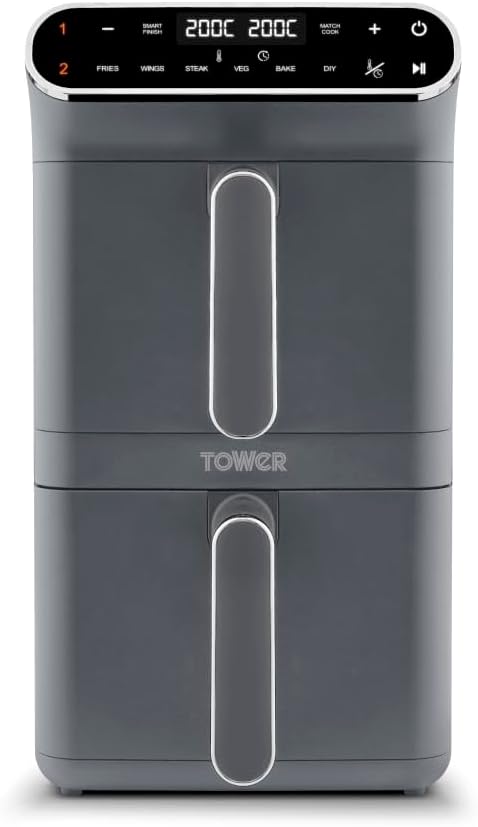 Tower T17190GRP Vortx XL Dual Stack Air Fryer with Digital Control Panel, Space Saving Design, 6 Preset Cooking Modes, Match Cook & Smart Finish Functions, 2460W, 11L, Graphite with Chrome Trim