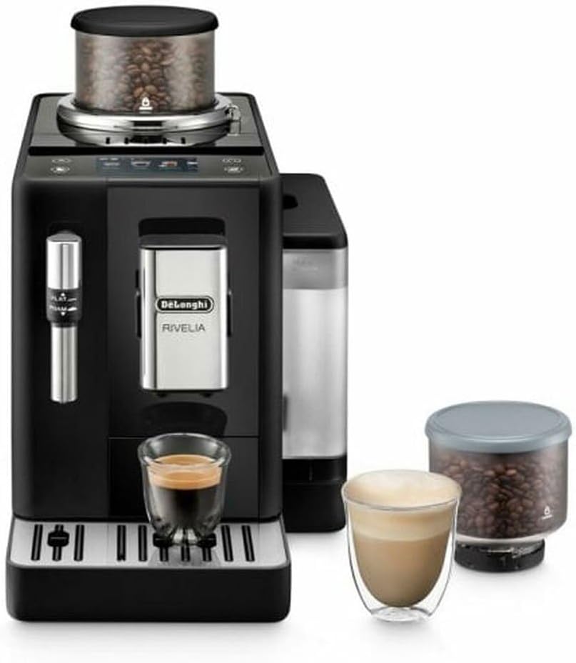 De'Longhi Rivelia EXAM440.35.B, Machine À Café Grain Automatique, Grains Fraîchement Moulus, Bac à Grains Interchangeable, Buse Vapeur Lait Classique, 8 Recettes, Écran Tactile Couleur, Noir