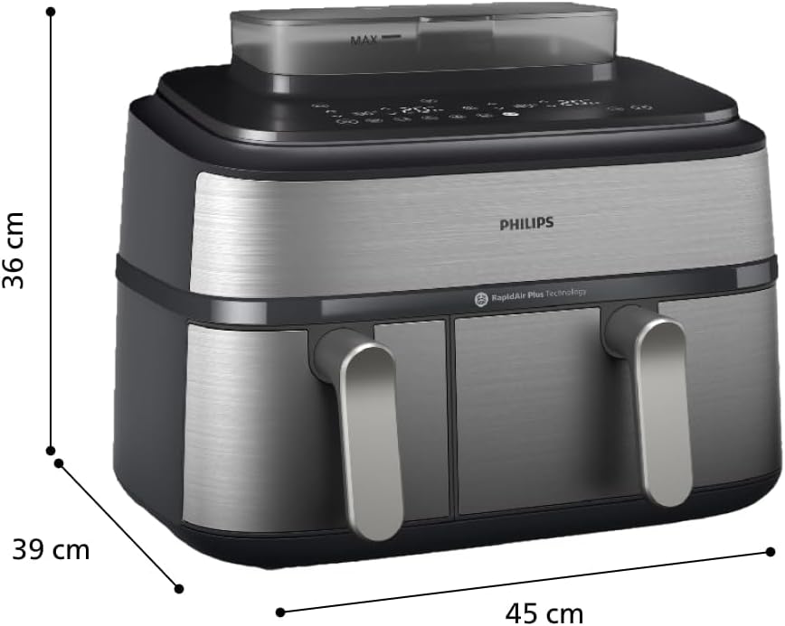 Philips Air Fryer 5000 Series Dual Basket with Steam – 9L Capacity, RapidAir Plus Technology for Juicy Chicken, Crusty Bread, 19 Cooking Programs, Steam Clean Function (NA555/09)