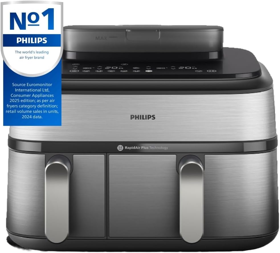 Philips Air Fryer 5000 Series Dual Basket with Steam – 9L Capacity, RapidAir Plus Technology for Juicy Chicken, Crusty Bread, 19 Cooking Programs, Steam Clean Function (NA555/09)