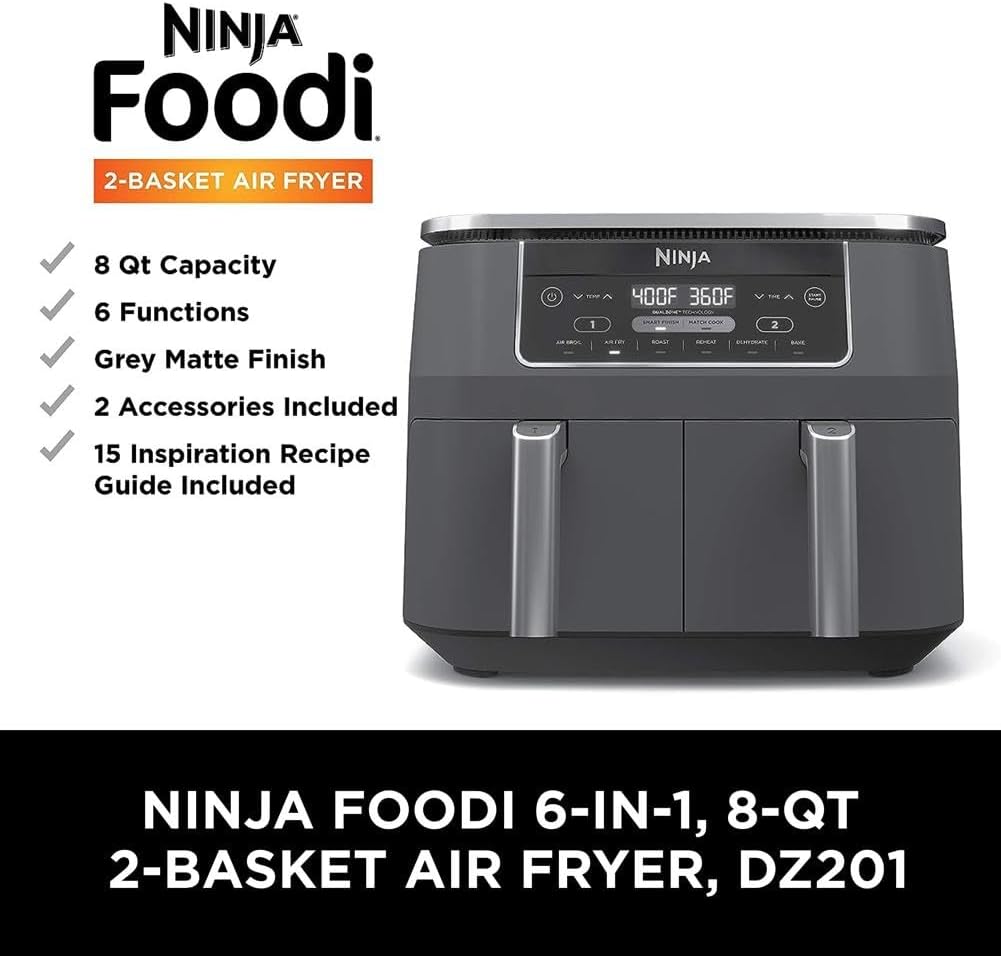 Ninja DZ201 Foodi 6-in-1 2-Basket Air Fryer with DualZone Technology, 8-Quart Capacity, and a Dark Grey Stainless Finish