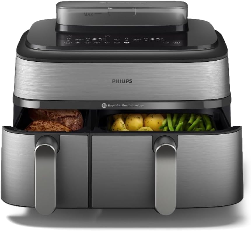 Philips Air Fryer 5000 Series Dual Basket with Steam – 9L Capacity, RapidAir Plus Technology for Juicy Chicken, Crusty Bread, 19 Cooking Programs, Steam Clean Function (NA555/09)
