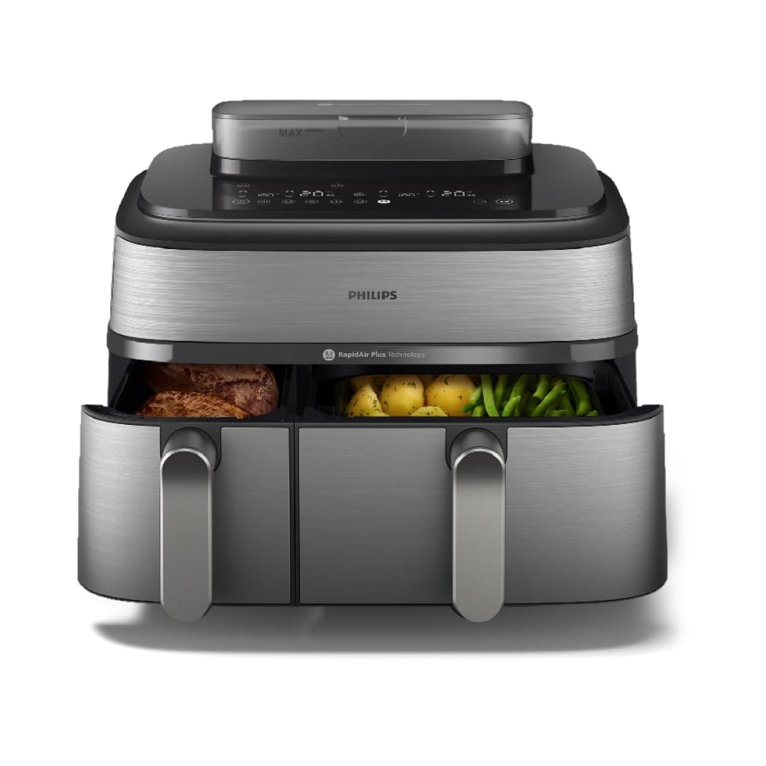 Philips Dual Basket Airfryer 3000 Series, 9L, 2 Drawer Air Fryer, with Breakfast Kit, Rapid Air Technology, Versatile Large Air Fryer for Family, 99% Less fat and Energy Saving, HomeID App (NA350/03)
