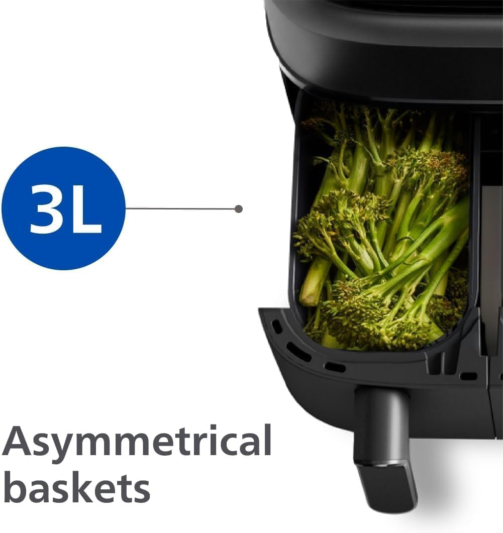 Philips Dual Basket Airfryer 3000 Series, 9L, 2 Drawer Air Fryer, with Breakfast Kit, Rapid Air Technology, Versatile Large Air Fryer for Family, 99% Less fat and Energy Saving, HomeID App (NA350/03)
