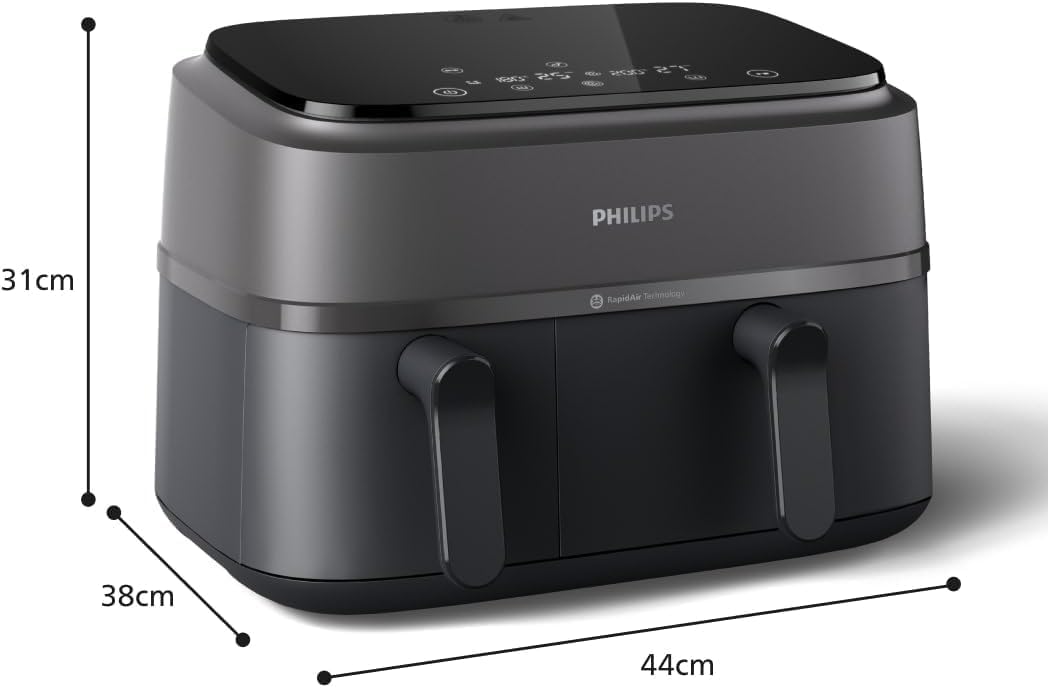 Philips Dual Basket Airfryer 3000 Series, 9L, 2 Drawer Air Fryer, with Breakfast Kit, Rapid Air Technology, Versatile Large Air Fryer for Family, 99% Less fat and Energy Saving, HomeID App (NA350/03)