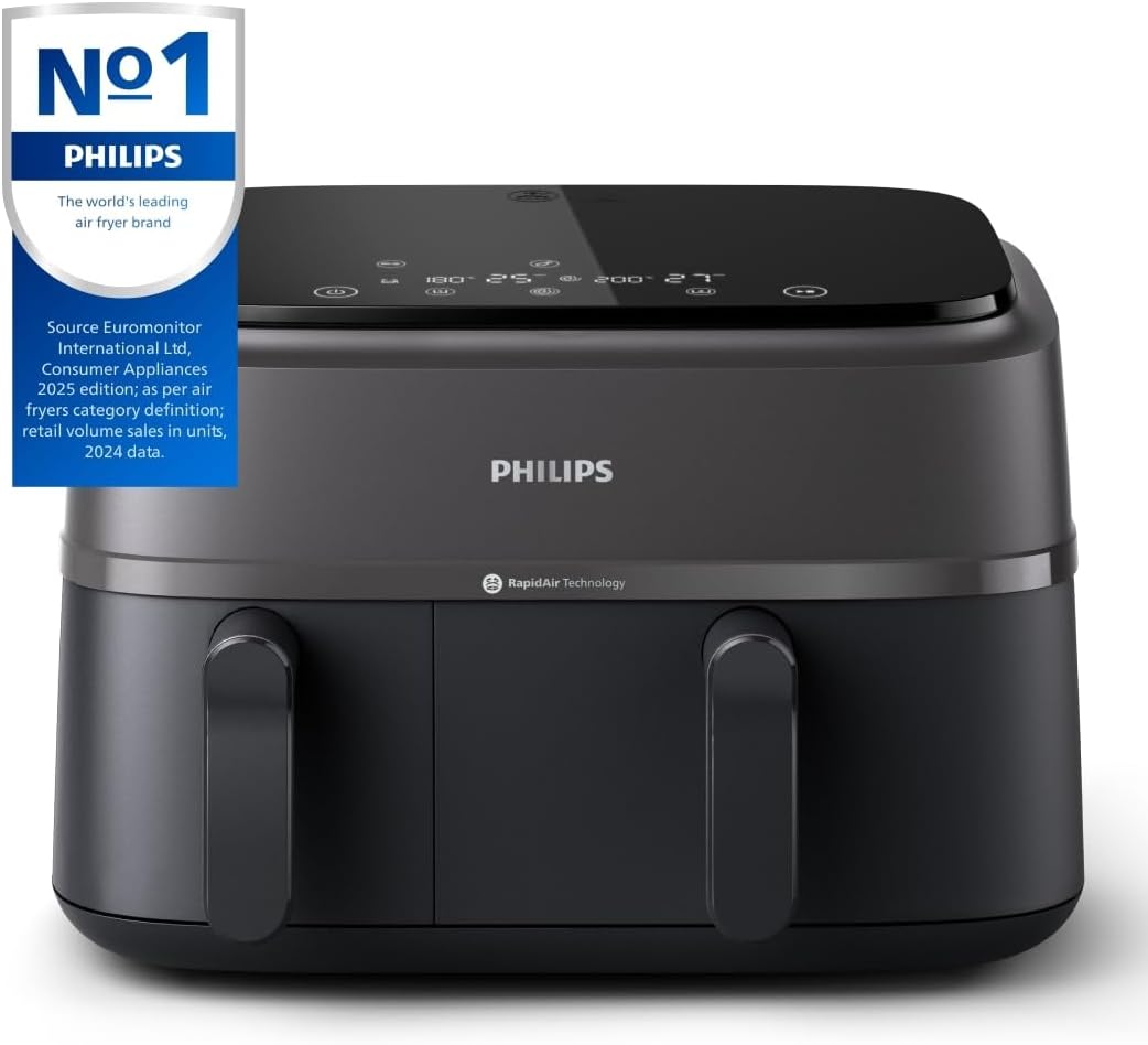 Philips Dual Basket Air Fryer – 9L Total Capacity with Two Different-Sized Drawers, Versatile Cooking Options with Rapid Air Technology, Touchscreen, Ideal for Roasting, Baking & Grilling (NA350/00)