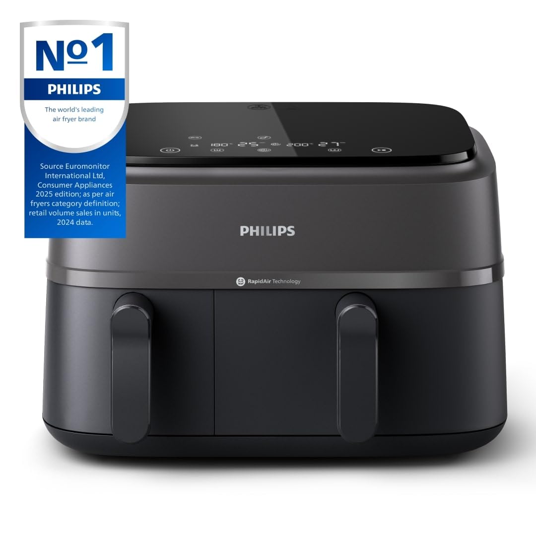 Philips Dual Basket Airfryer 3000 Series, 9L, 2 Drawer Air Fryer, with Breakfast Kit, Rapid Air Technology, Versatile Large Air Fryer for Family, 99% Less fat and Energy Saving, HomeID App (NA350/03)