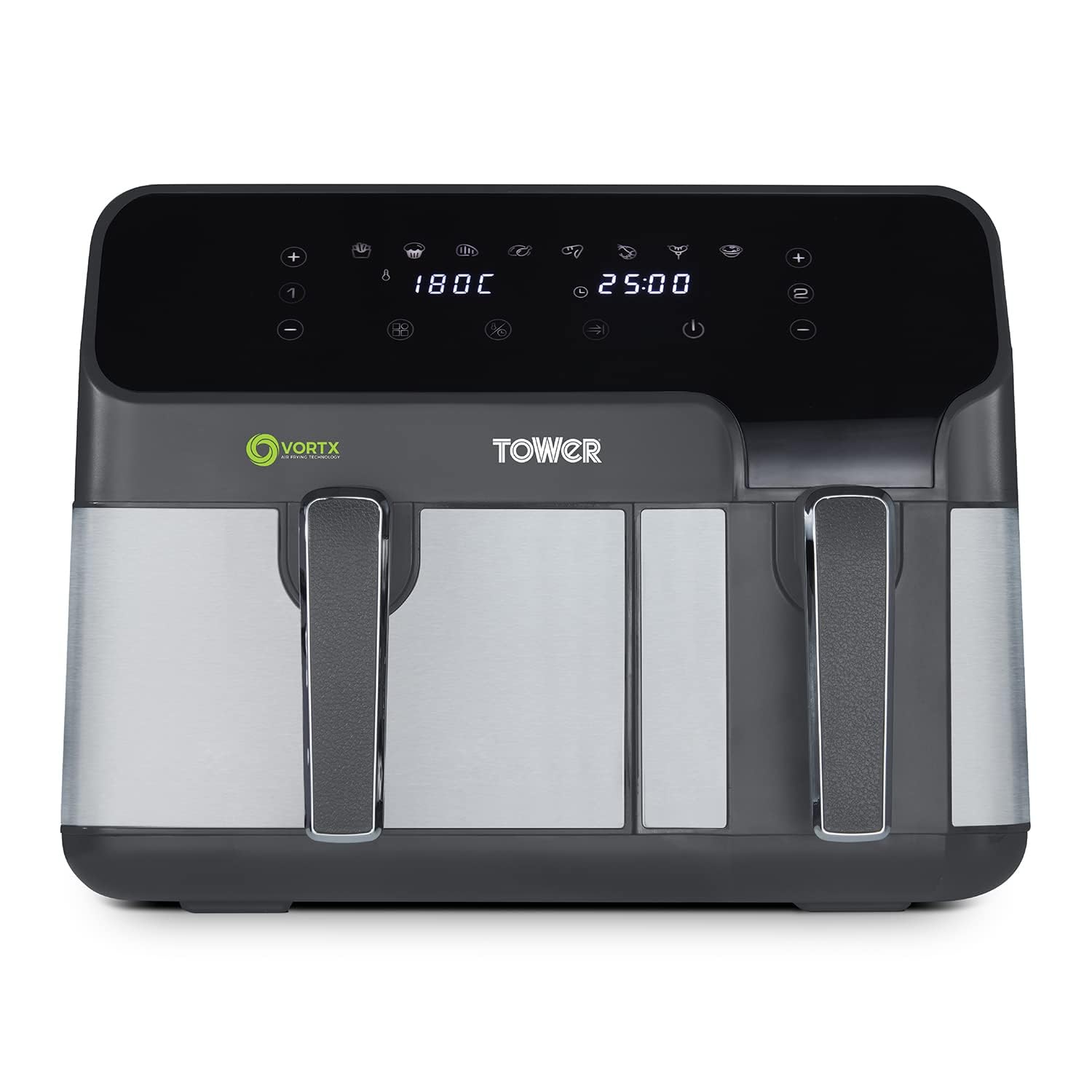 Tower T17102 Vortx Vizion Dual Compartment Air Fryer Oven with Digital Touch Panel, 11L, Black