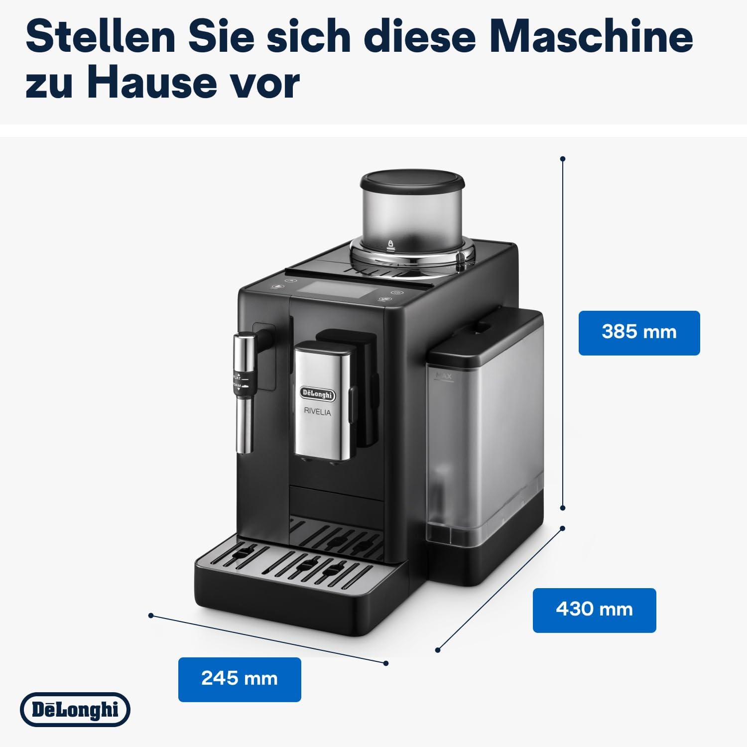 De'Longhi Rivelia EXAM440.35.B, Machine À Café Grain Automatique, Grains Fraîchement Moulus, Bac à Grains Interchangeable, Buse Vapeur Lait Classique, 8 Recettes, Écran Tactile Couleur, Noir
