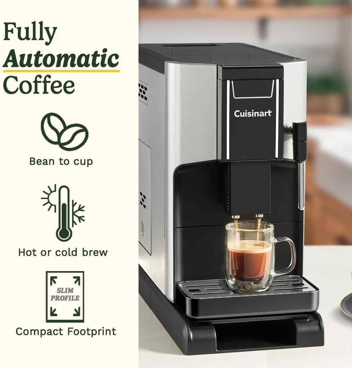 Cuisinart Fully Automatic Coffee Machine | 4 one touch coffee options | Espresso, Americano, Cold Brew | Integrated milk frother for Lattes and Cappuccino | Bean to cup