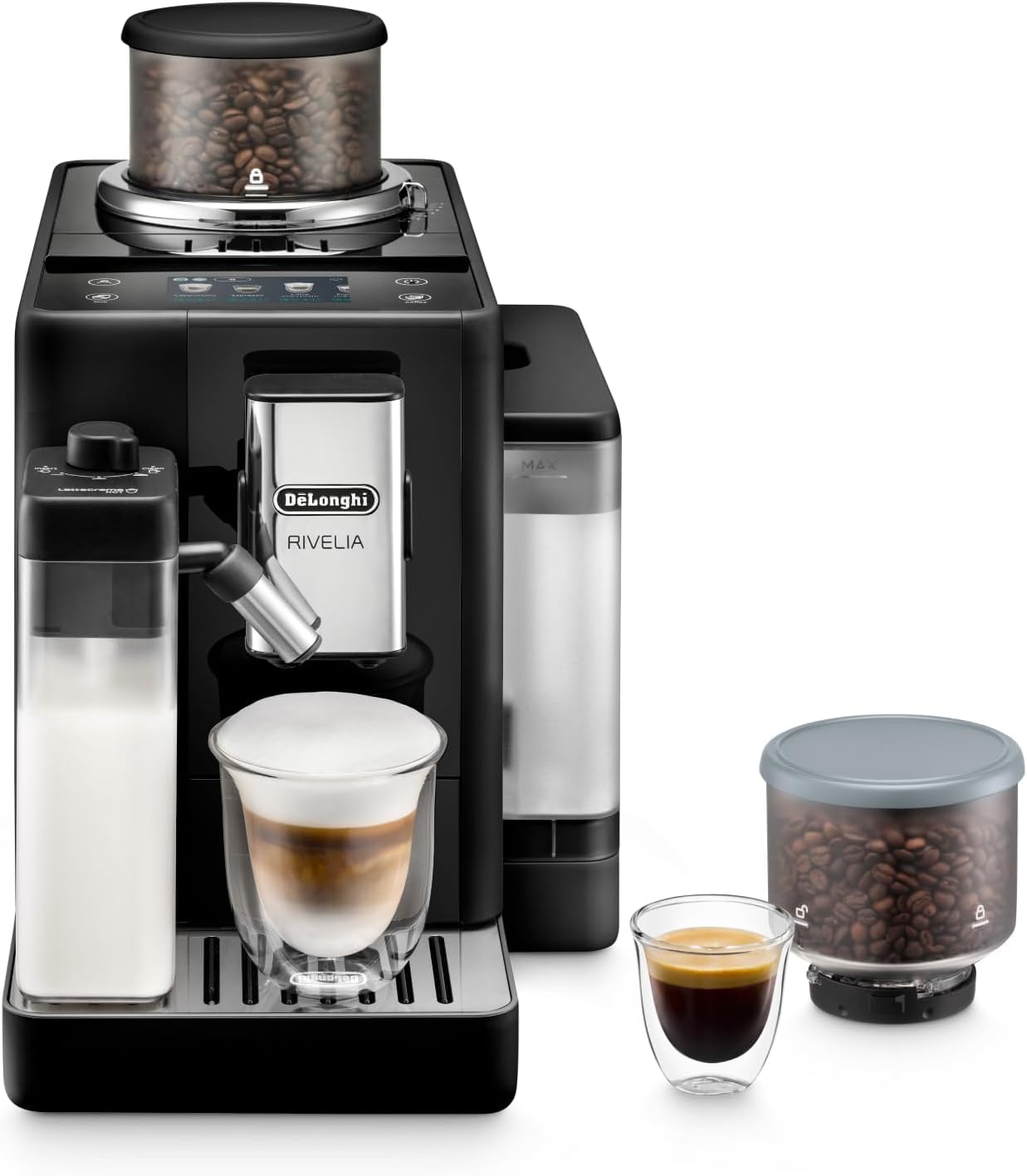 De'Longhi Rivelia EXAM440.55.B, Fully Automatic Coffee Machine with LatteCrema Hot, Automatic Milk Frother, Compact Size Bean to Cup Coffee Machine, 16 Recipes, Full Touch Colored Display, Black