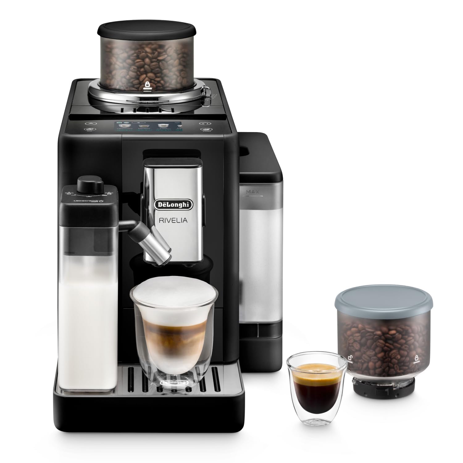De'Longhi Rivelia EXAM440.55.W, Fully Automatic Coffee Machine with LatteCrema Hot, Automatic Milk Frother, Compact Size Bean to Cup Coffee Machine, 16 Recipes, Touch Colored Display, Arctic White