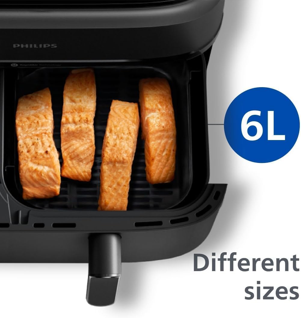 Philips Dual Basket Airfryer 3000 Series, 9L, 2 Drawer Air Fryer, with Breakfast Kit, Rapid Air Technology, Versatile Large Air Fryer for Family, 99% Less fat and Energy Saving, HomeID App (NA350/03)