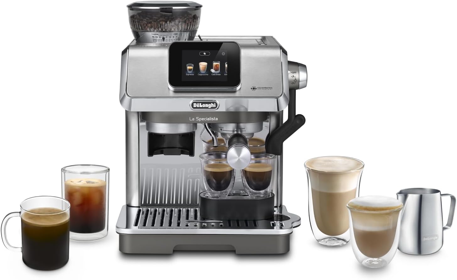 De'Longhi La Specialista Touch EC9455.M, Espresso Coffee Machine with Coffee Grinder, Cold Brew Function, Automatic or Manual Milk Frothing, Intuitive Touch Control, Includes Welcome Set, Metal