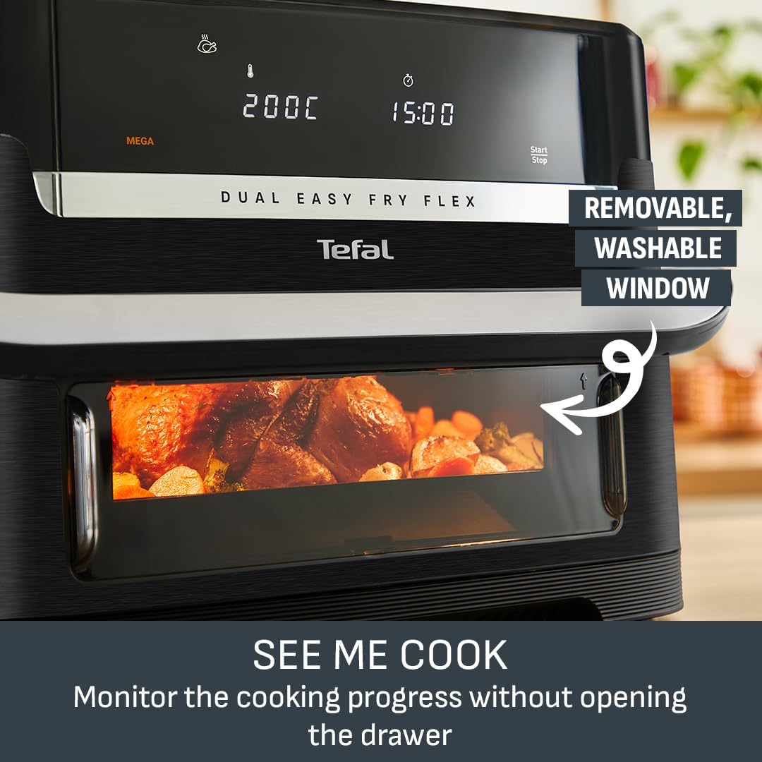 Tefal Dual Flex Air Fryer with Removable Divider & Viewing Window – 9L GiantZone or Dual 5.5L + 3.5L Cooking Zones, 6 Preset Programs, Energy Saving, Non-Stick Dishwasher Safe Parts, Black