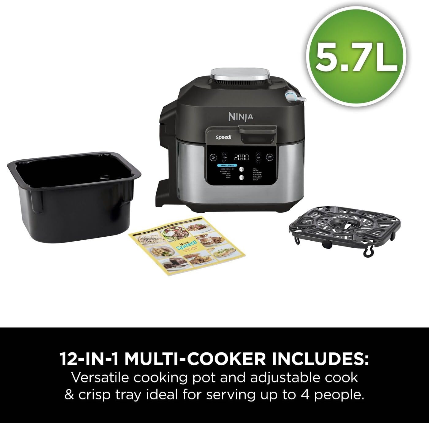Ninja Speedi 12-in-1 Multi-Cooker, Air Fryer and Slow Cooker, 5.7L Cooking Pot, Meals for 4 in Minutes, Air Fry, Steam, Grill, Bake, Roast, Sear, Slow Cook and More, Grey ON500UK
