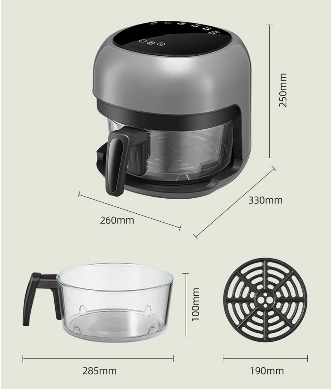 Air Fryer - 4L/3.6QT Multifunction Digital Touch Screen Electric Hot Oven Oilless Cooker, 60min Timing, 1200W Glass Bowl Air Fryer with 6 Presets, Visualization Window