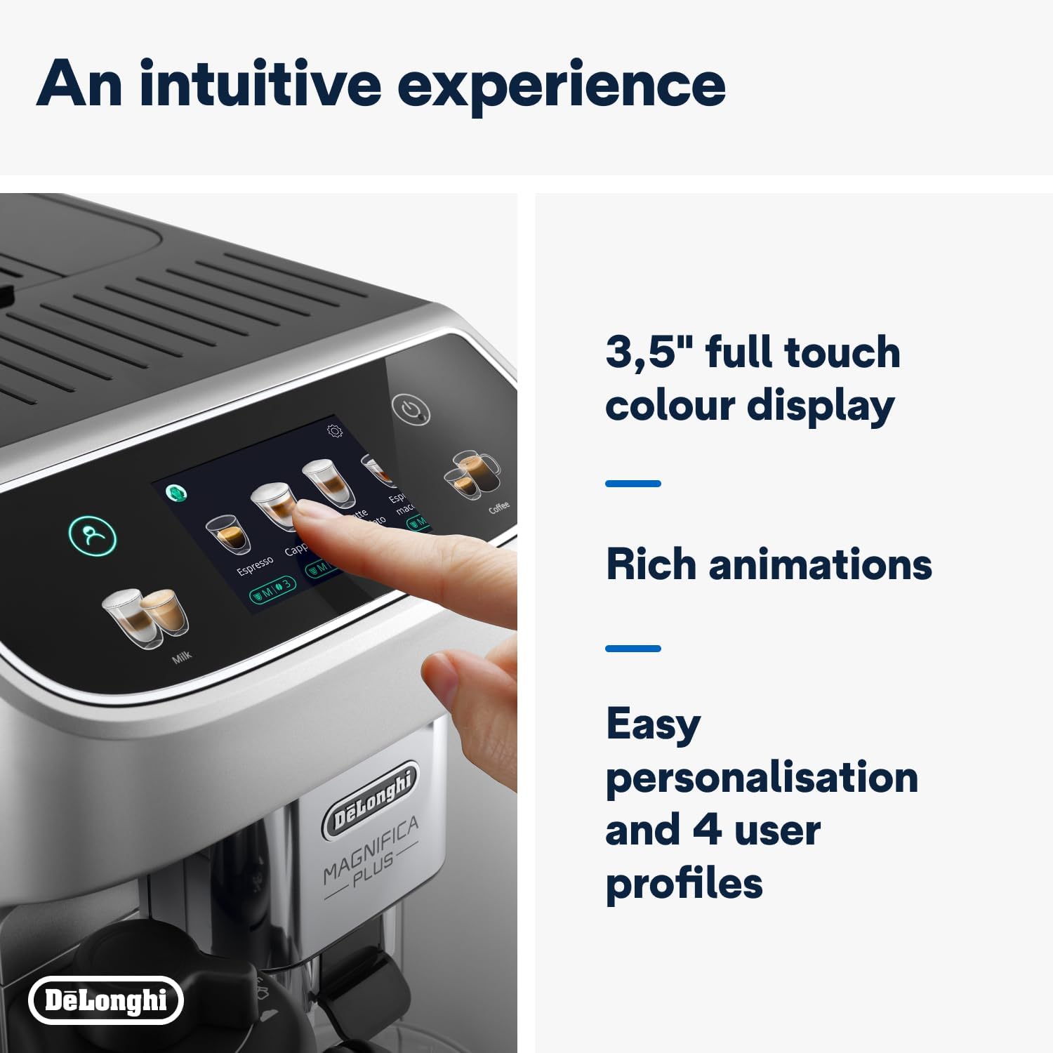 De'Longhi ECAM322.70.SB Magnifica Plus Automatic Coffee Machine with LatteCrema Hot, Bean to Cup Espresso Machine with 18 One-Touch Recipes, Full-Touch Control Panel, 1450W, Silver/Black