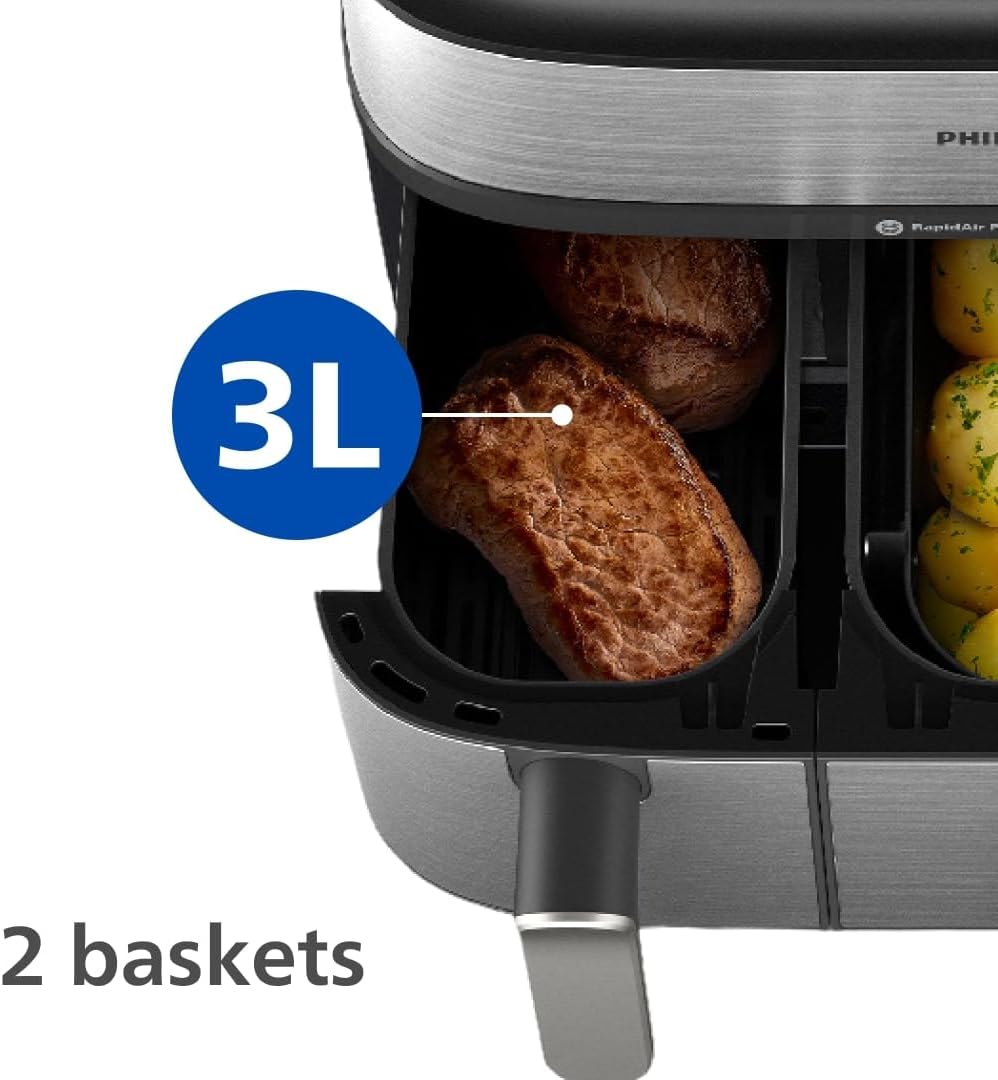 Philips Air Fryer 5000 Series Dual Basket with Steam – 9L Capacity, RapidAir Plus Technology for Juicy Chicken, Crusty Bread, 19 Cooking Programs, Steam Clean Function (NA555/09)