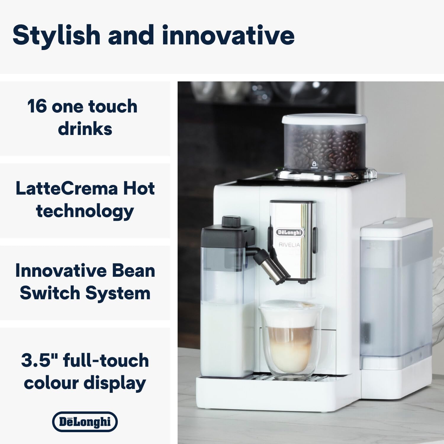 De'Longhi Rivelia EXAM440.55.W, Fully Automatic Coffee Machine with LatteCrema Hot, Automatic Milk Frother, Compact Size Bean to Cup Coffee Machine, 16 Recipes, Touch Colored Display, Arctic White