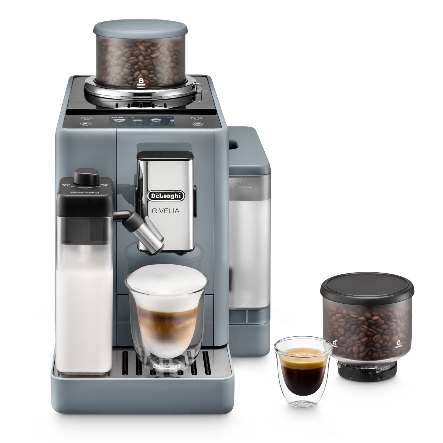 De'Longhi Rivelia EXAM440.55.B, Fully Automatic Coffee Machine with LatteCrema Hot, Automatic Milk Frother, Compact Size Bean to Cup Coffee Machine, 16 Recipes, Full Touch Colored Display, Black
