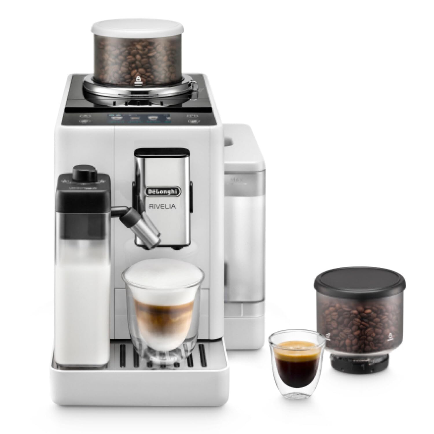De'Longhi Rivelia EXAM440.55.B, Fully Automatic Coffee Machine with LatteCrema Hot, Automatic Milk Frother, Compact Size Bean to Cup Coffee Machine, 16 Recipes, Full Touch Colored Display, Black