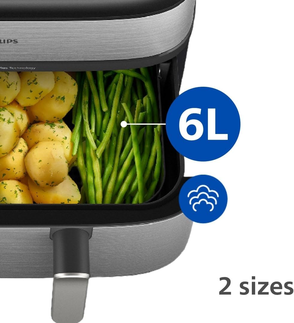 Philips Air Fryer 5000 Series Dual Basket with Steam – 9L Capacity, RapidAir Plus Technology for Juicy Chicken, Crusty Bread, 19 Cooking Programs, Steam Clean Function (NA555/09)