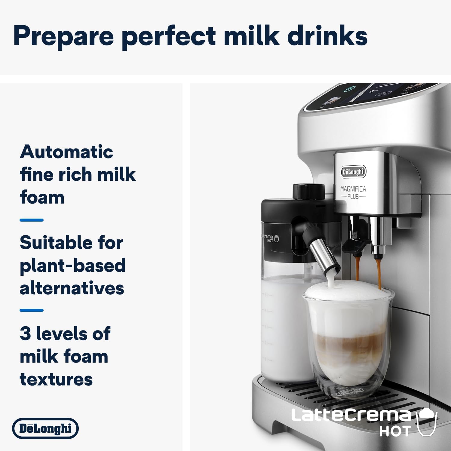 De'Longhi ECAM322.70.SB Magnifica Plus Automatic Coffee Machine with LatteCrema Hot, Bean to Cup Espresso Machine with 18 One-Touch Recipes, Full-Touch Control Panel, 1450W, Silver/Black