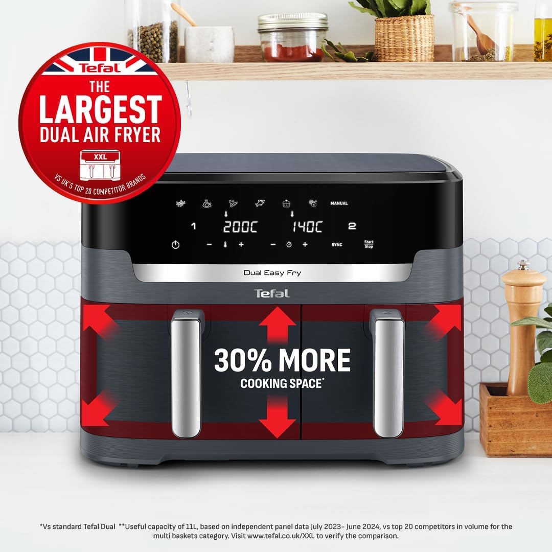 Tefal XXL Dual Easy Fry 11L Air Fryer, Dual Drawer, No Oil, Extra Crisp, Roast, Bake, Reheat, Dehydrate, 7 Pre-set Programs, Dishwasher Safe, 8+ Portions, Java-Grey, EY942BG0