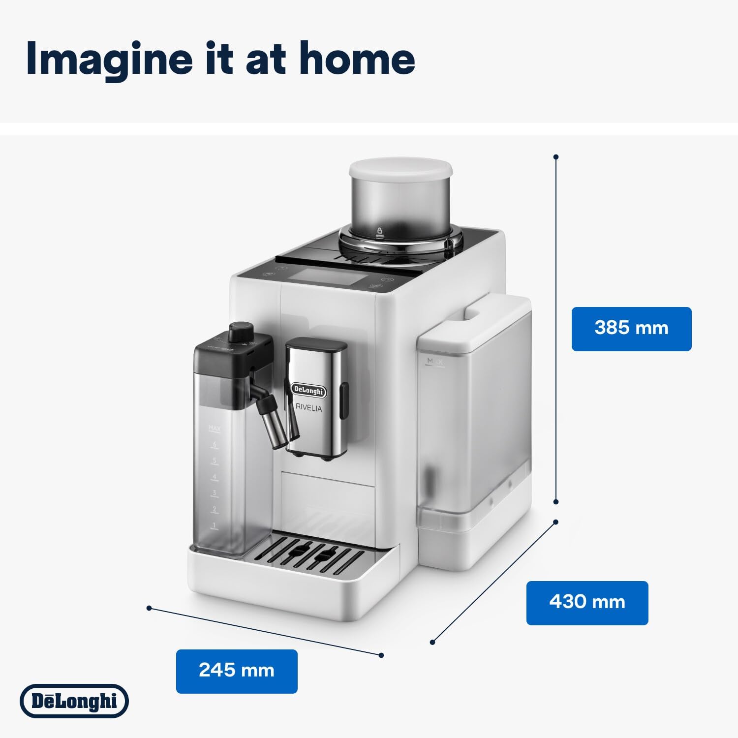 De'Longhi Rivelia EXAM440.55.W, Fully Automatic Coffee Machine with LatteCrema Hot, Automatic Milk Frother, Compact Size Bean to Cup Coffee Machine, 16 Recipes, Touch Colored Display, Arctic White