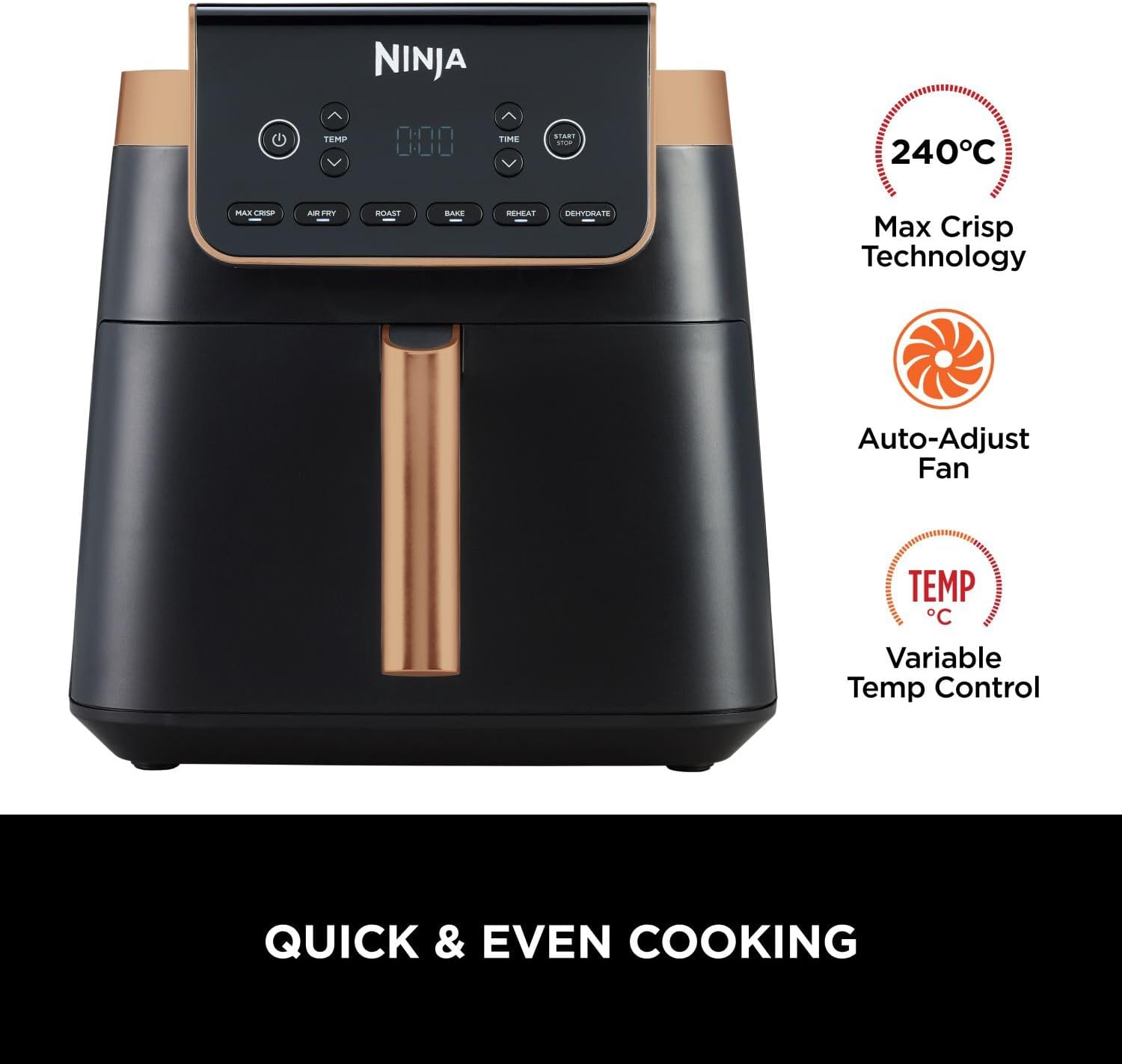 Ninja Air Fryer MAX PRO, 6.2L, Uses No Oil, Large Square Single Drawer, Roast, Bake, Air Fry, Family Size, Non-Stick, Dishwasher Safe Basket & Crisper Plate, Silicone Tongs, Black & Copper, AF180UKCP