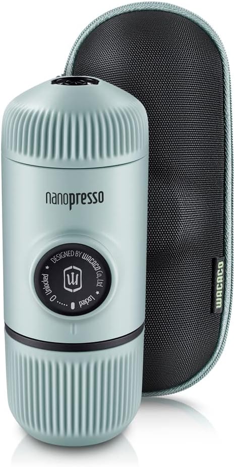 WACACO Nanopresso Portable Espresso Maker Bundled with Protective Case, Upgrade Version of Minipresso, Mini Travel Coffee Machine, Perfect for Camping, Travel and Office (New Elements Arctic Blue)