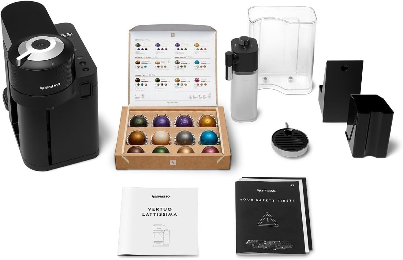 Nespresso Vertuo Lattissima Coffee Machine by De'Longhi for Vertuo Coffee Pods, Latte, Cappuccino, Integrated Milk Frother, Starter Capsule Set Included, ENV300.B, Black