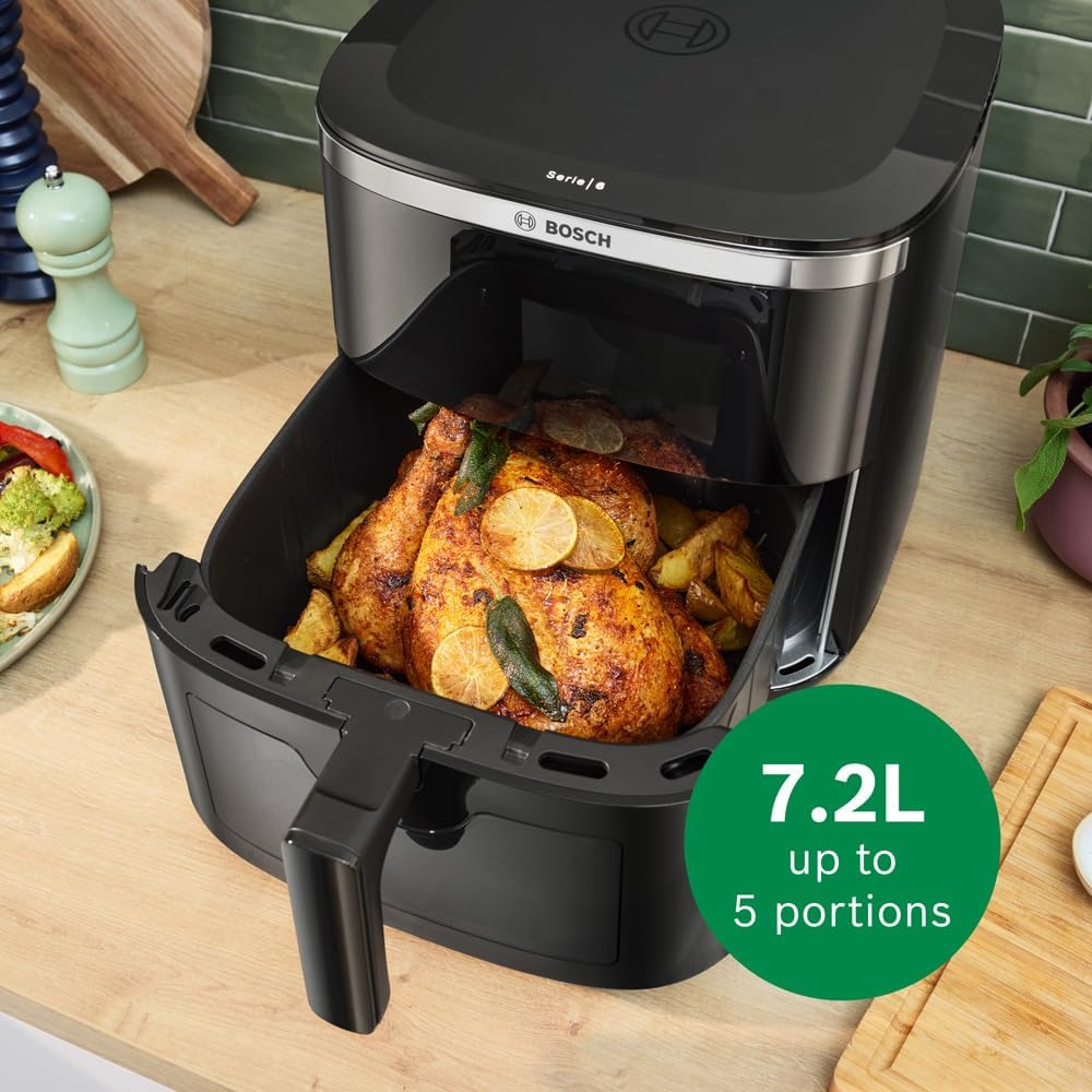 Bosch Series 6 Air Fryer XXL, MAF671B0GB, 7.2 L Capacity, 7 Presets Programmes, Illuminated Viewing Window, Shake Alarm, Intuitive Digital Touchscreen, Up to 65%* Faster Cooking, Black