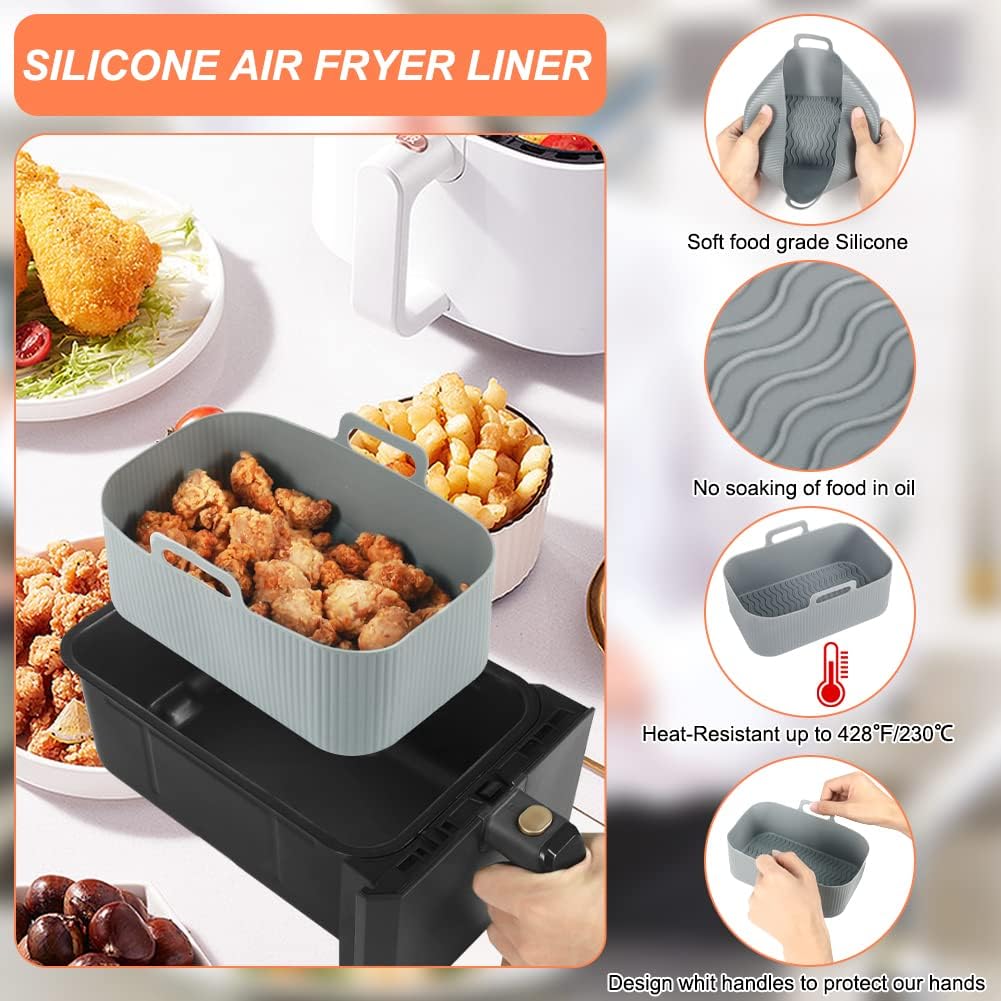YQL Air Fryer Silicone Liner for Ninja/Tower Dual/Instant Vortex, Silicone Air Fryer Liners Reusable Air Fryer Accessories for Ninja Foodi AF300UK, Salter Dual Air Fryer (2PCS), Grey