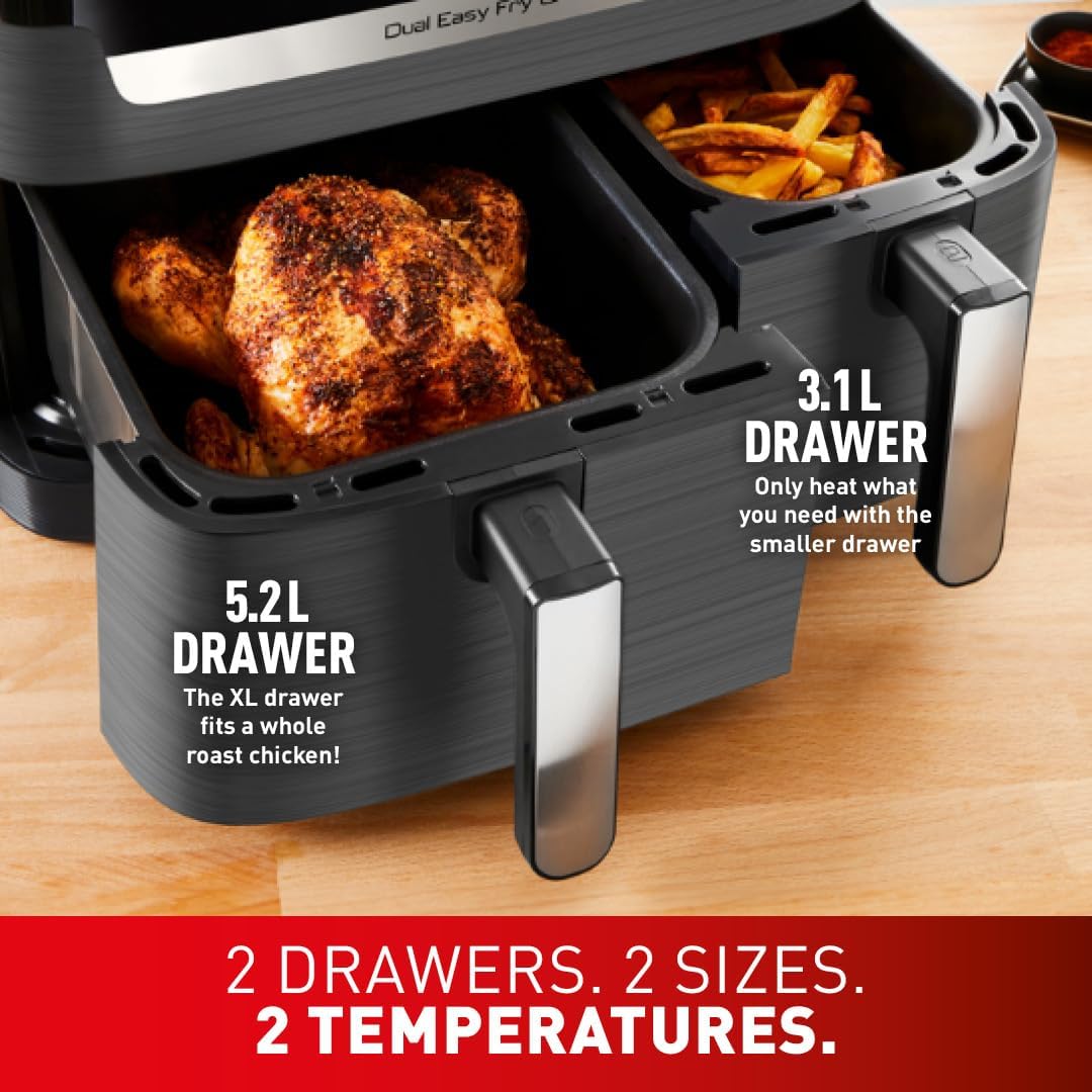 Tefal Easy Fry Dual Zone Digital air fryer, 2 Drawers, 8.3L, 8in1, Uses No Oil, Air Fry, Extra Crisp, Roast, Bake, Reheat, Dehydrate, 6 Portions, Non-Stick, Dishwasher Safe Baskets, Coal Grey EY905B40