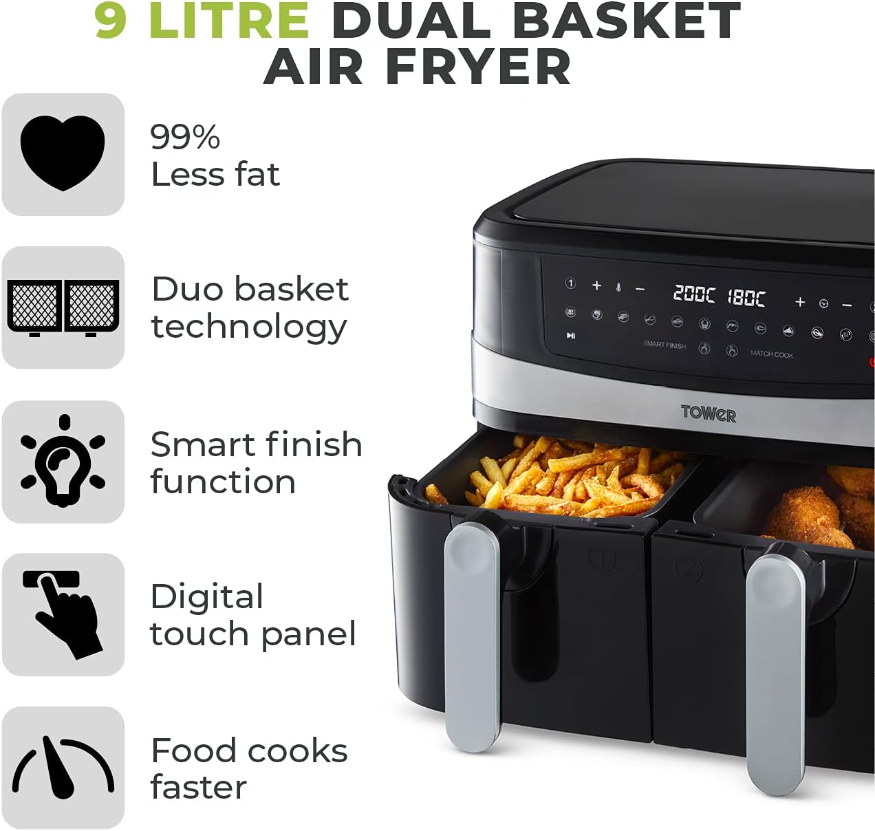 Tower T17088 Vortx 9L Dual Basket Air Fryer with Smart Finish, 2600W, Black