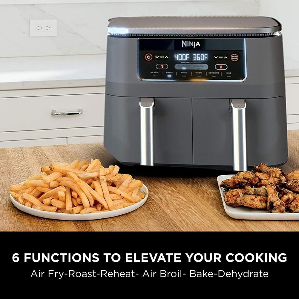 Ninja DZ201 Foodi 6-in-1 2-Basket Air Fryer with DualZone Technology, 8-Quart Capacity, and a Dark Grey Stainless Finish