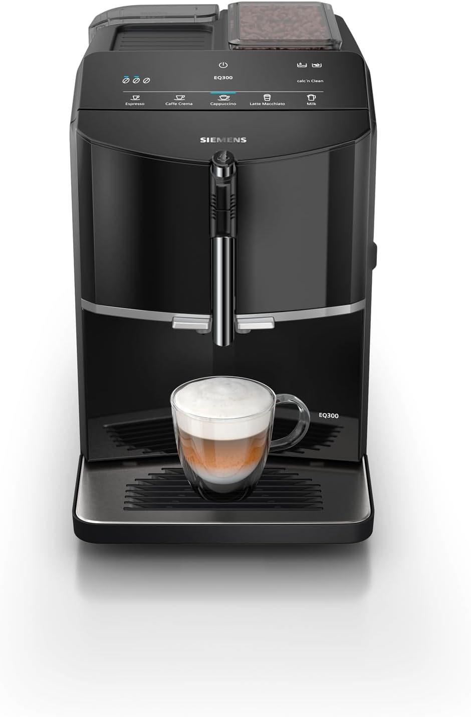 SIEMENS EQ300 Fully Automatic Bean to Cup Espresso Coffee Machine with milk frother arm, oneTouch Function, 4 coffee beverages, 3 coffee strengths, TF301G19, Piano Black