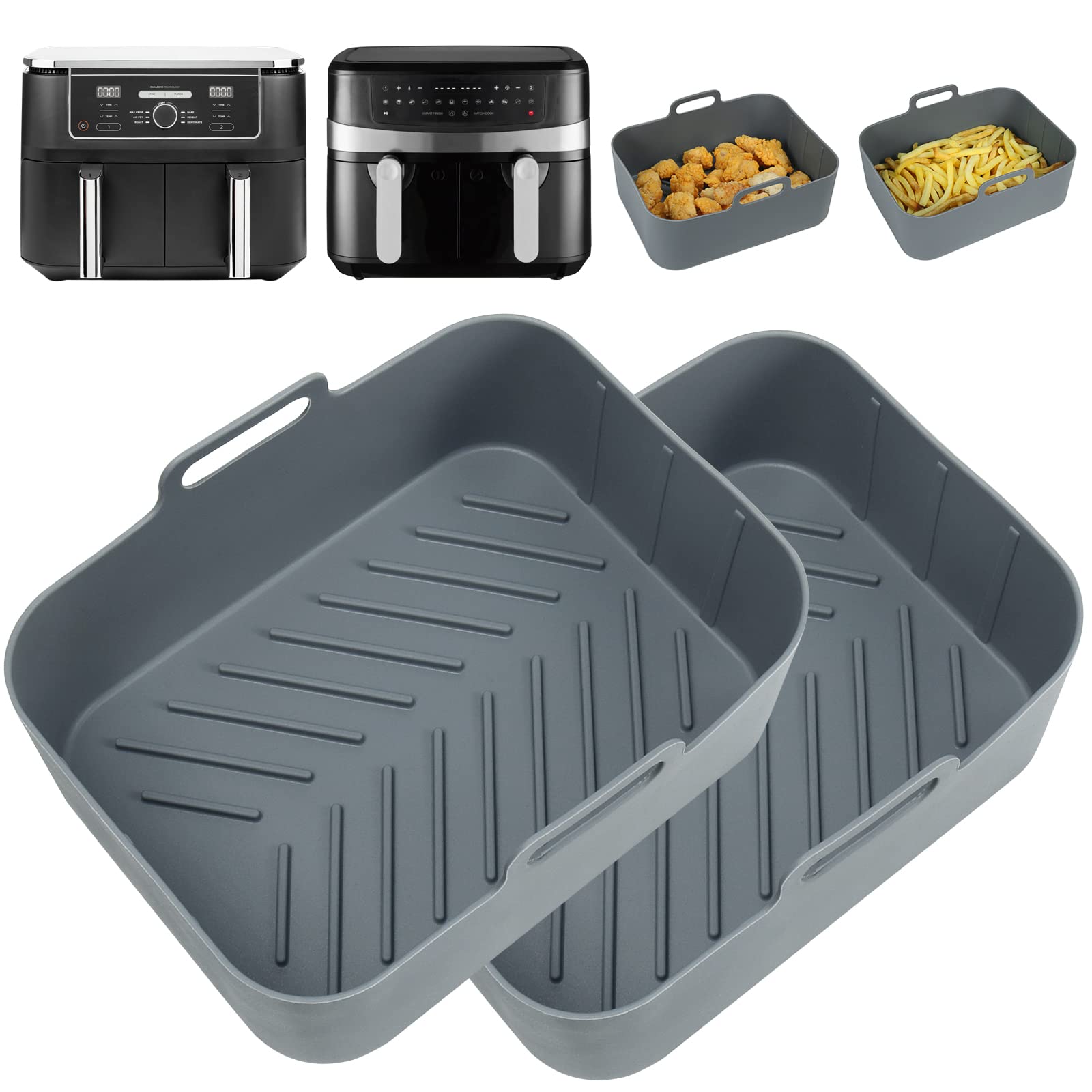 YQL Air Fryer Silicone Liner for Ninja/Tower Dual/Instant Vortex, Silicone Air Fryer Liners Reusable Air Fryer Accessories for Ninja Foodi AF300UK, Salter Dual Air Fryer (2PCS), Grey