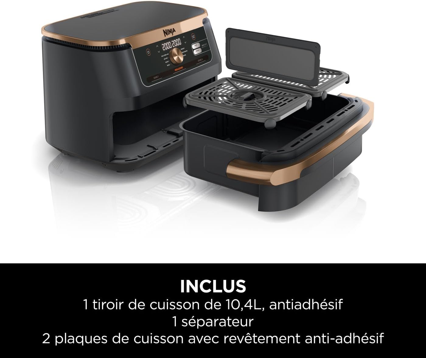 Ninja Foodi FlexDrawer 10.4L Oil-Free Fryer, 7 Modes, Roast, Bake, Non-Oil Frying, Crispy, Warm, Dehydrate, Rise, XL, Savings, DualZone Black/Copper OL750EUDBCP