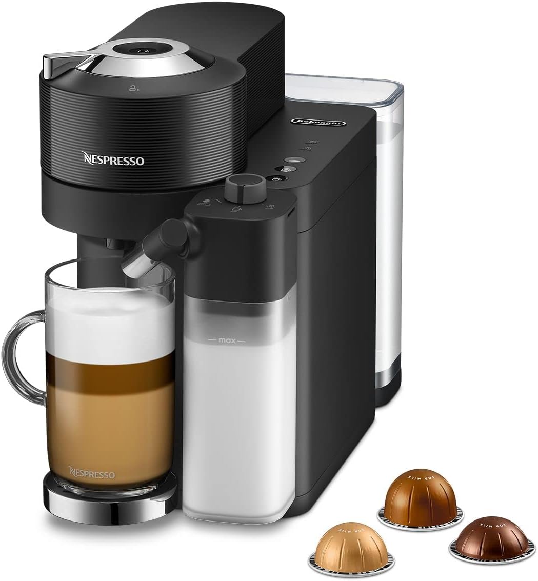 Nespresso Vertuo Lattissima Coffee Machine by De'Longhi for Vertuo Coffee Pods, Latte, Cappuccino, Integrated Milk Frother, Starter Capsule Set Included, ENV300.B, Black