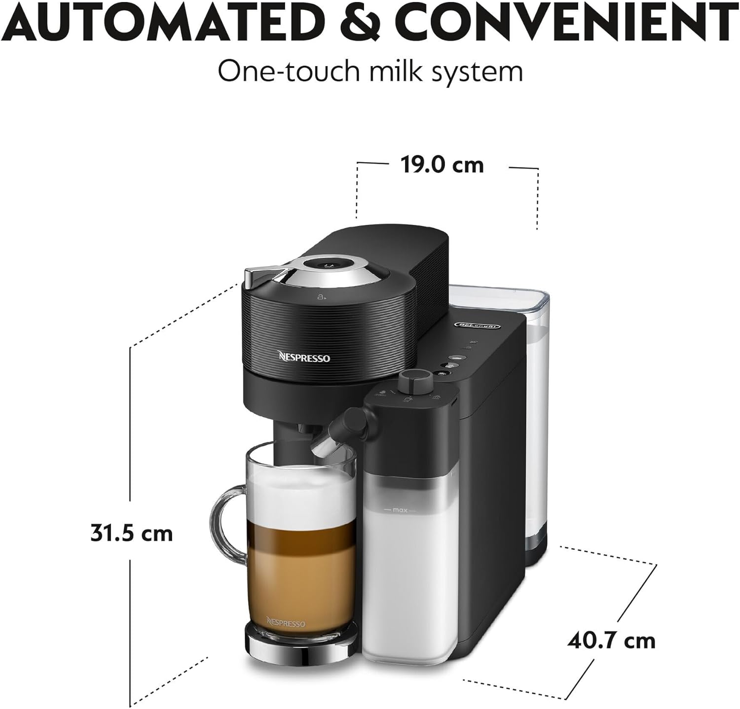 Nespresso Vertuo Lattissima Coffee Machine by De'Longhi for Vertuo Coffee Pods, Latte, Cappuccino, Integrated Milk Frother, Starter Capsule Set Included, ENV300.B, Black