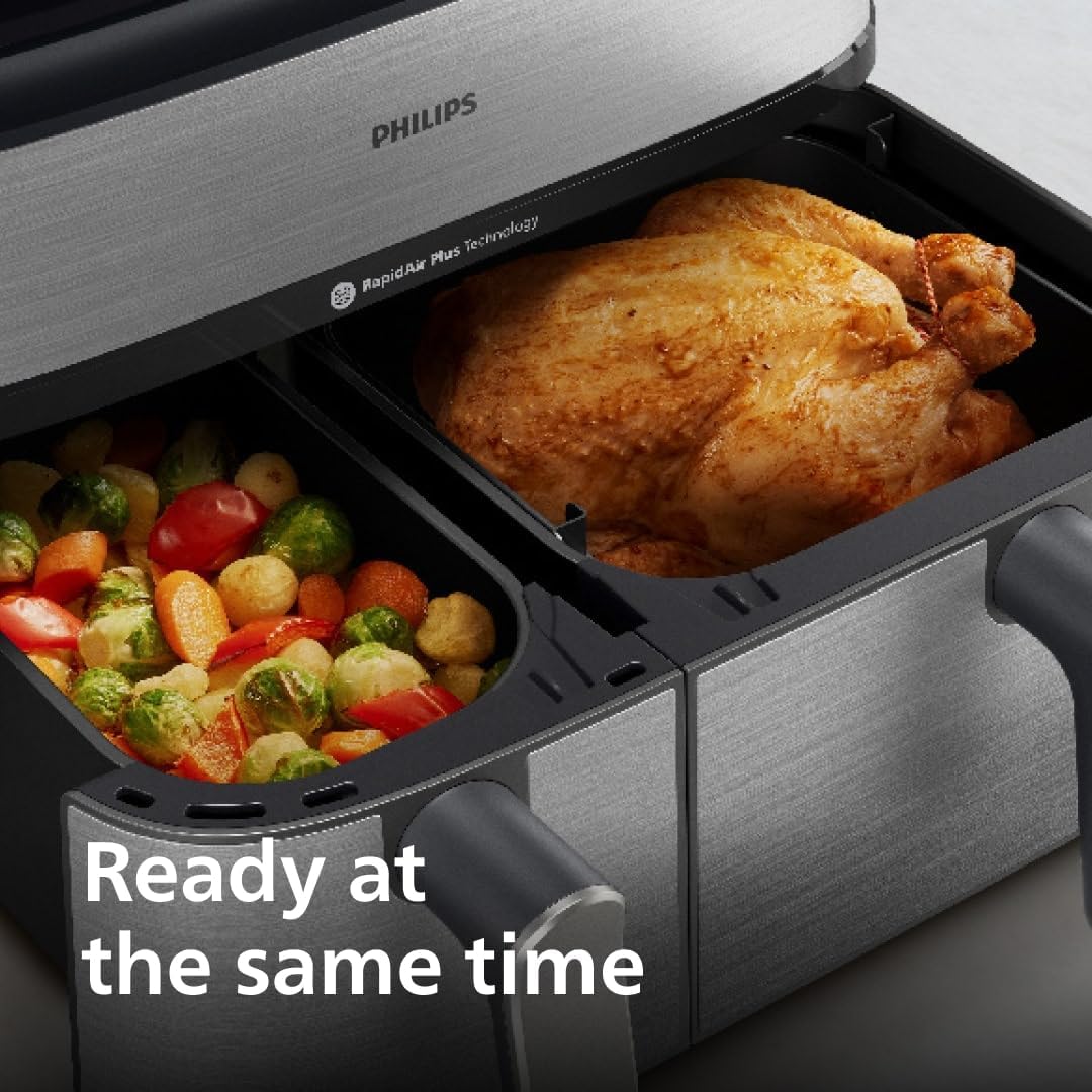 Philips Air Fryer 5000 Series Dual Basket with Steam – 9L Capacity, RapidAir Plus Technology for Juicy Chicken, Crusty Bread, 19 Cooking Programs, Steam Clean Function (NA555/09)
