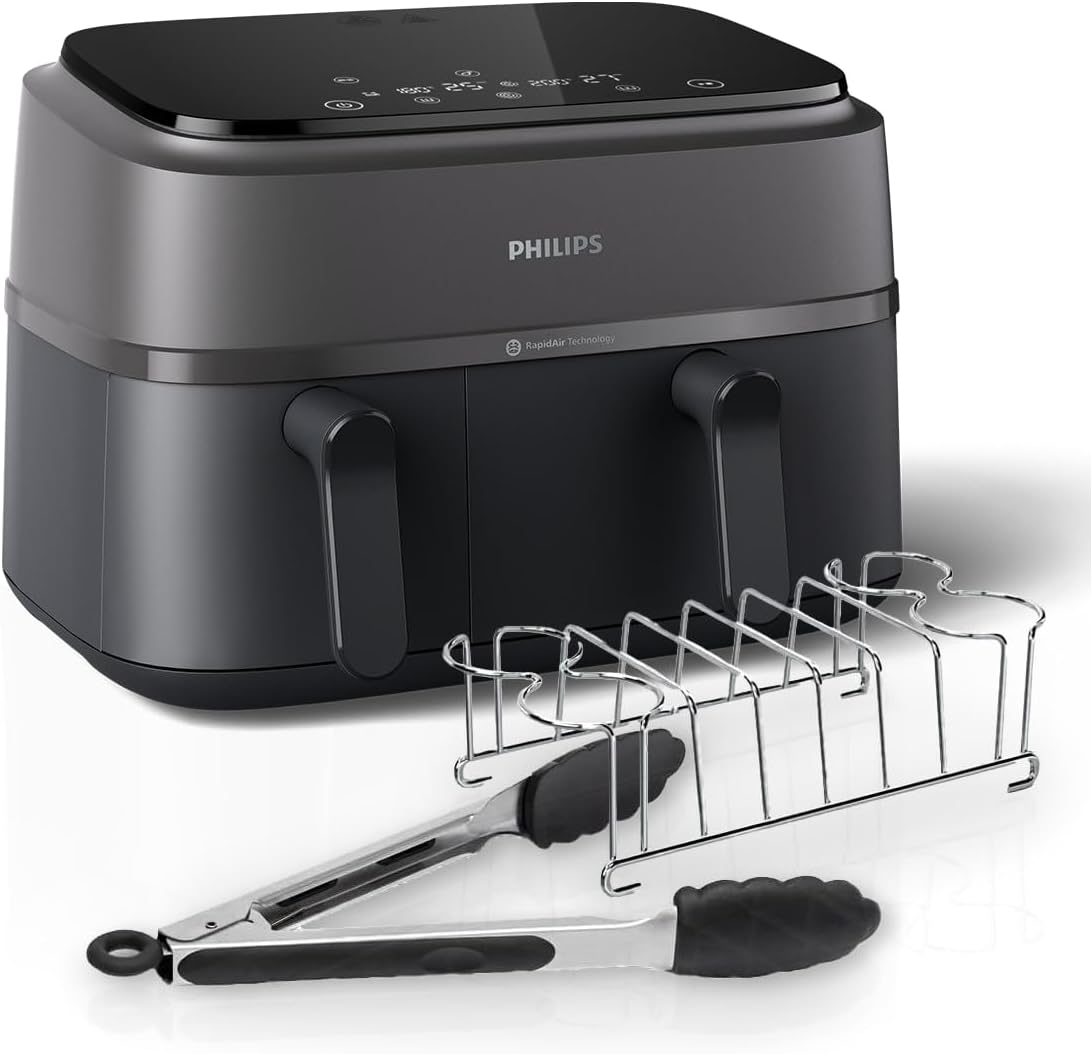 Philips Dual Basket Airfryer 3000 Series, 9L, 2 Drawer Air Fryer, with Breakfast Kit, Rapid Air Technology, Versatile Large Air Fryer for Family, 99% Less fat and Energy Saving, HomeID App (NA350/03)
