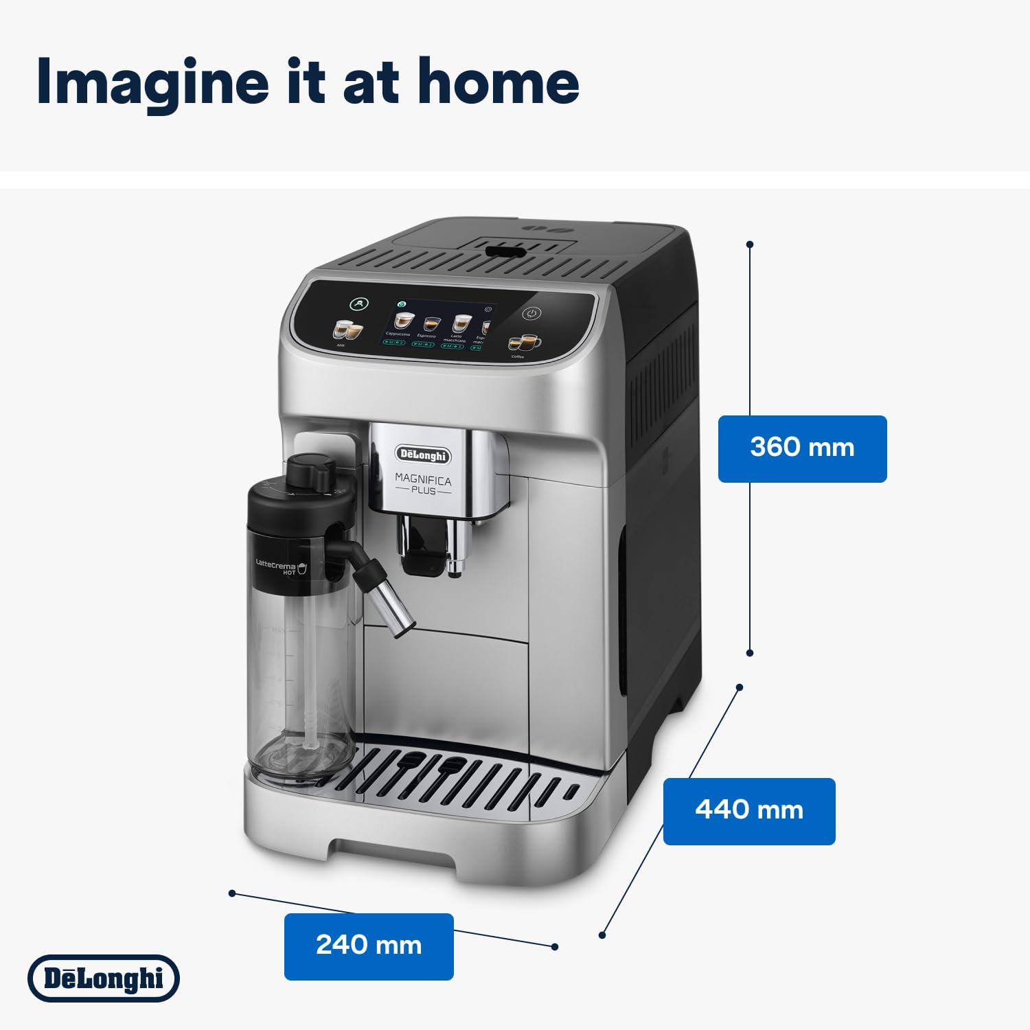 De'Longhi ECAM322.70.SB Magnifica Plus Automatic Coffee Machine with LatteCrema Hot, Bean to Cup Espresso Machine with 18 One-Touch Recipes, Full-Touch Control Panel, 1450W, Silver/Black