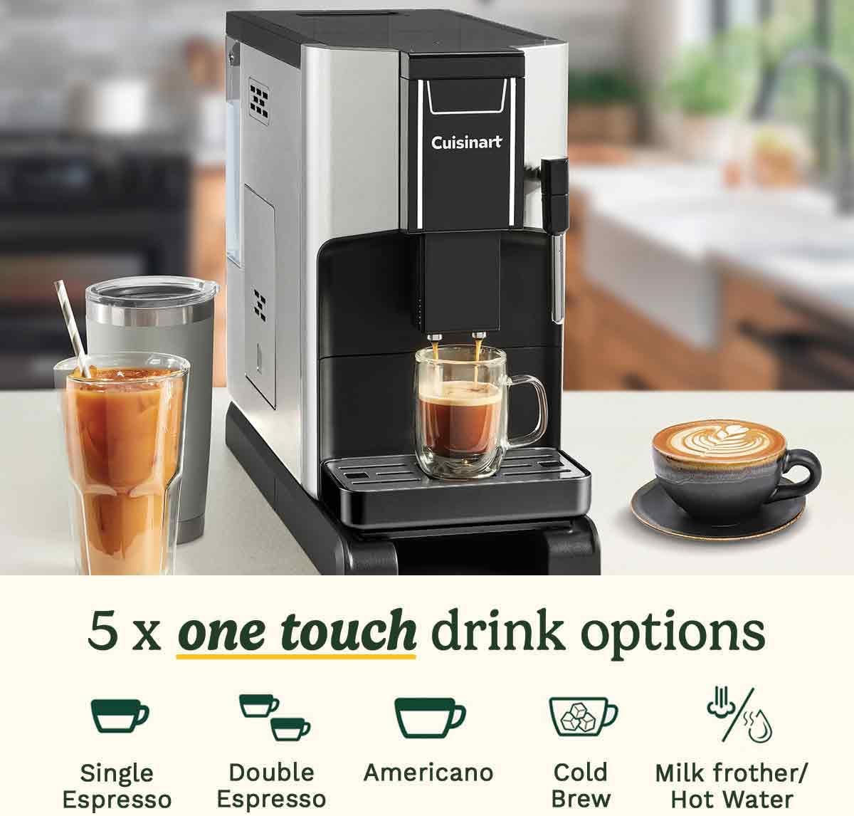 Cuisinart Fully Automatic Coffee Machine | 4 one touch coffee options | Espresso, Americano, Cold Brew | Integrated milk frother for Lattes and Cappuccino | Bean to cup
