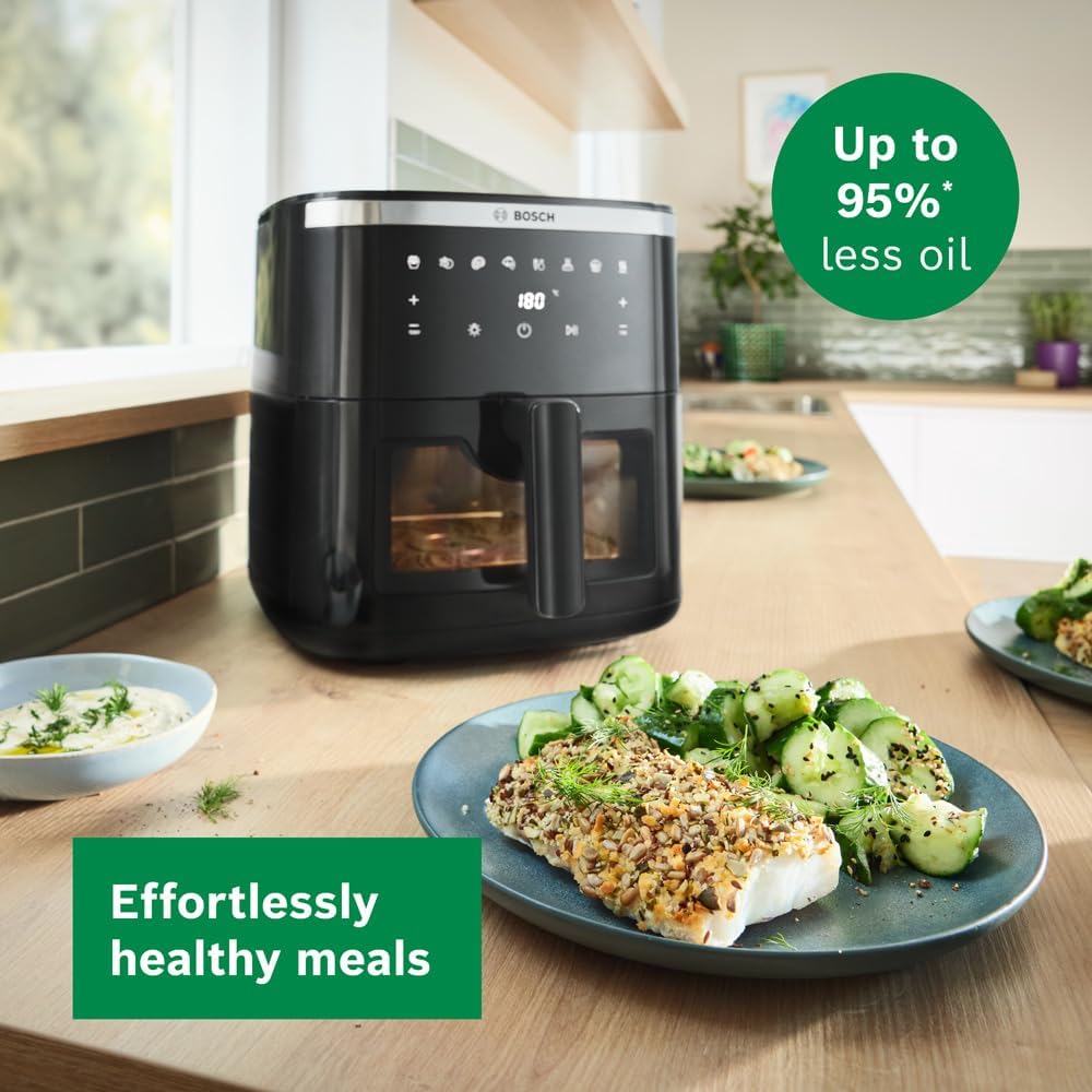 Bosch Series 6 Air Fryer XXL, MAF671B0GB, 7.2 L Capacity, 7 Presets Programmes, Illuminated Viewing Window, Shake Alarm, Intuitive Digital Touchscreen, Up to 65%* Faster Cooking, Black