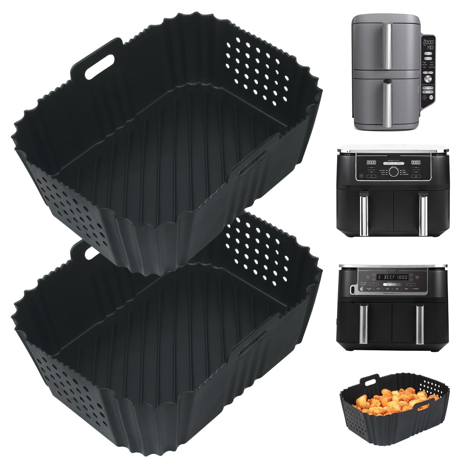 YQL Air Fryer Silicone Liner for Ninja/Tower Dual/Instant Vortex, Silicone Air Fryer Liners Reusable Air Fryer Accessories for Ninja Foodi AF300UK, Salter Dual Air Fryer (2PCS), Grey
