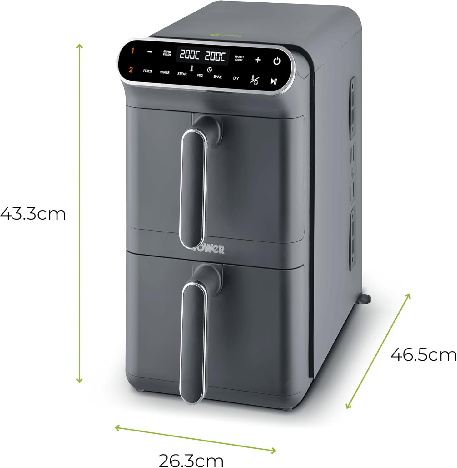 Tower T17190GRP Vortx XL Dual Stack Air Fryer with Digital Control Panel, Space Saving Design, 6 Preset Cooking Modes, Match Cook & Smart Finish Functions, 2460W, 11L, Graphite with Chrome Trim